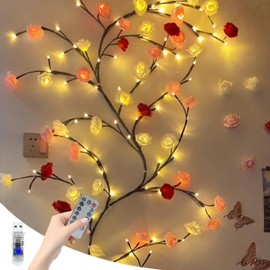 LED Tree Branch Lights for Wall Rose Lights with Remote and 8 Lighting Modes Rose Garland Willow Vine for Bedroom Indoor Wall Wedding Valentines Day Decor (Rose 2.3M 144LEDs)