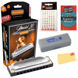 Hohner 560 Special 20 Harmonica Bundle with Carrying Case, Key Stickers, Harmonica Beginner Manual, and Austin Bazaar Polishing Cloth - Key of D
