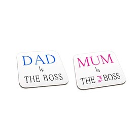 Dad is The Boss Mum is The Real Boss Wooden Twin Gift Coaster Set Christmas Anniversary Present