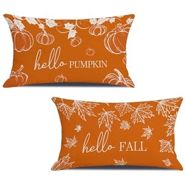 Fall Throw Pillow Covers, 12x20 Inch Set of 2 Autumn Seasonal Hello Fall Pumpkin Maple Leaves Lumbar Cushion Cover for Home Couch Sofa Living Room Bedroom Decor CBZ01-2Pcs