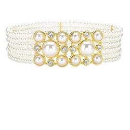 ANNULOYA Wide Pearl Belts Gift for Women Wedding Stretchy Sash Belt for Dress Crystal Rhinestone Corset Off White Waist Chain