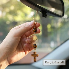 Cross Car Charm Rear View Mirror Accessories - Natural Tiger Eye Crystal Hanging Ornament, Christian Car Accessories for Good Luck, Boho Car Decor Gifts for Women Men
