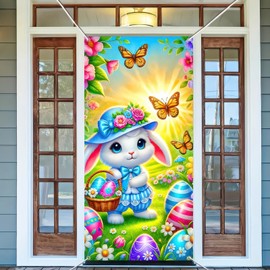 BlissYard Easter Door Banner Rabbit Porch Logo Banner Easter Multi Color Easter Egg Party Door Frame Decoration Rabbit Butterfly Background Door Panel 71 x 35 inches