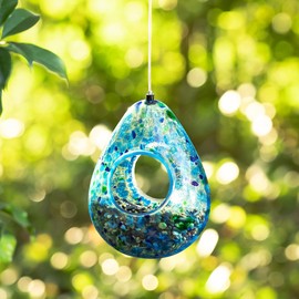 Glitzhome Glass Bird Feeder for Outdoors, 6.75" H Blue Dots Teardrop Hanging Birdfeeder for Garden Tree Yard Outside Decoration