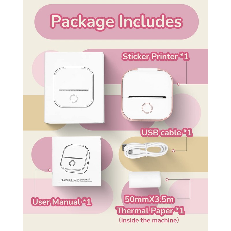 Memoqueen Mini Pocket Sticker Printer T02 Mini Pocket Thermal Printer,