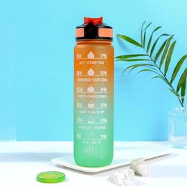 1 Litre Motivational Fitness Sport Water Bottle with Straw & Time Marker, Guaranteed Leak-Proof Design, BPA-Free Plastic Drink Bottle, Designed for Gym, Running, Cycling - Orange/Green