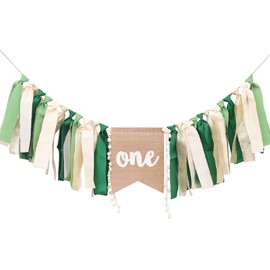 URROMA Green 1st Birthday Baby Highchair Decor, 1 Pcs Birthday High Chair Banner Ribbon Banners for Girls Boys High Chair Flag Banner Baby Shower Party Photo Props Decor