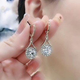 Gixaxak Crystal Flower Earrings Gold Plated Jewelry Flower Dangle Earrings 925 Silver Earrings Fashion Crystal Earrings Full of Diamond Earrings Platinum Plated Cubic Zirconia Earrings(Style 1）