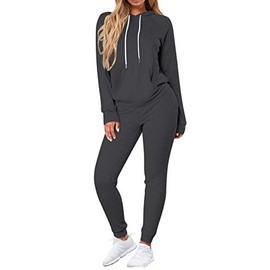 Fixmatti Women 2 Piece Outfits Long Sleeve Pullover Hoodie Jogger Pant Sweatsuit Set Dark Grey L