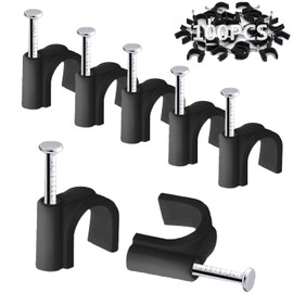 Round Cable Clips, Black, 5 mm Electric Cable Wall Clamp, Cable Nail Clamps Management, Wire Organiser Clips, Pins Cable Pins for Ethernet, Electrical Cable, Socket Strip, Wall Mounting, Pack of 100