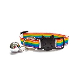 Rainbow Print Kitten Collar with Bell. Safe Quick Release Breakaway Buckle. Various Sizes & Designs Available - Long Stripe