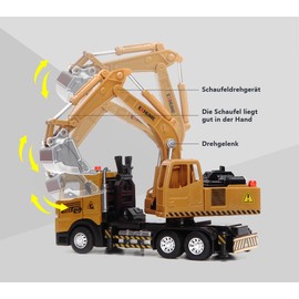 funnykid Excavator Toy for Boys from 4 Years - Die-Cast Construction Vehicle with 270° Rotating Assembly, Telescopic Shovel, Light & Sound, Door Opening, Pull Back Motor, Gift Box - Metal Model