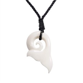 81stgeneration Koru Whale Tail Carved Bone Pendant Hawaii Necklace - Maori Style Jewellery - Handmade Bone Carving - Adjustable Cord Big Tribal Necklace - Surfer Accessories