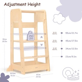 Pillowhale Standing Tower for Toddlers- Adjustable Height with 360° Safety Rail, Kids Step Stool with Safety Rail, Wooden Step Stool, Age 18 Months-6years