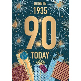 Words 'n' Wishes Male 90th Birthday Card - Happy Birthday Card Age 90 with Born in 1935 Fireworks and Gifts Design with Embossed Foil Details - Birthday Card for Men