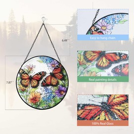 Butterfly Stained Glass Window Hanging, 7.87inch/20cm Flower Sun Catcher Indoor Window Decor Gifts for Women, Party Wedding Housewarming Easter Basket Stuffers Ornaments Gift