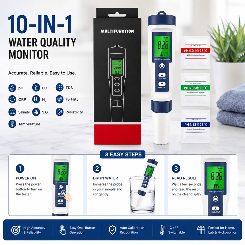10-in-1 Water Quality Tester for Aquariums & Pools – Digital