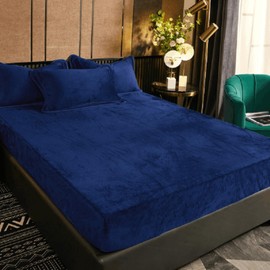 Royal Blue Crystal Velvet Fitted Sheet Twin Only with 16" Elastic Deep Pocket, 1 Pack Ultra Soft Fluffy Single Fitted Bottom Sheet, Warm Fuzzy Flannel Mattress Protector for Fall Winter Spring