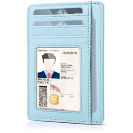 Teskyer Mini Wallet Men's Small Card Case, PU Leather Slim Card Case, RFID Protection, Minimalist, with ID Window and Quick Access Compartment, Lichee Glacier Blue, Minimalist