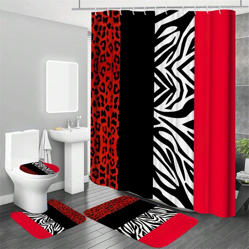 Onalasyc 4Pcs Red Cheetah Shower Curtain,Shower Curtain Sets with Rugs