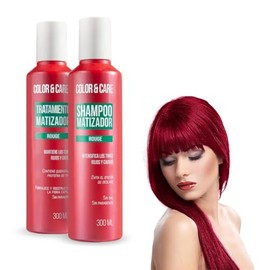 Nefertiti Shampoo Matizador Rojo Sin Sales y Parabenos + Tratamiento con Keratina Color & Care de Nefertiti, Matiza e Intensifica tonos Rojos y Caobas proporcionando Brillo y Sedosidad