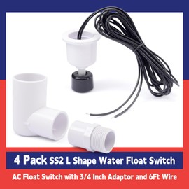 Dusledel 4 Pack SS2 L Shape Water Float Switch AC Float Switch with 3/4 Inch Adaptor and 6Ft Wire Replacement for HVAC System Applications & Around The House for DIY, Condensate Overflow Detection