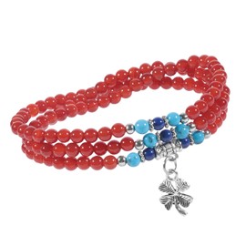 TUMBEELLUWA Prayer Beads Stone Bracelets for Women, Stretchy Multilayer Bracelet with Leaf Clover Lucky Charms, Carnelian