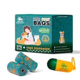 Dog Poop Bags Rolls with Dispenser, Pet waste bags for Dog & Cat, Unscented doggie bags, Bulk dog poop bags Thick and Leakproof, Dog waste bags 270 Pieces 9 * 13 inches Happy Pet! Happy Planet!