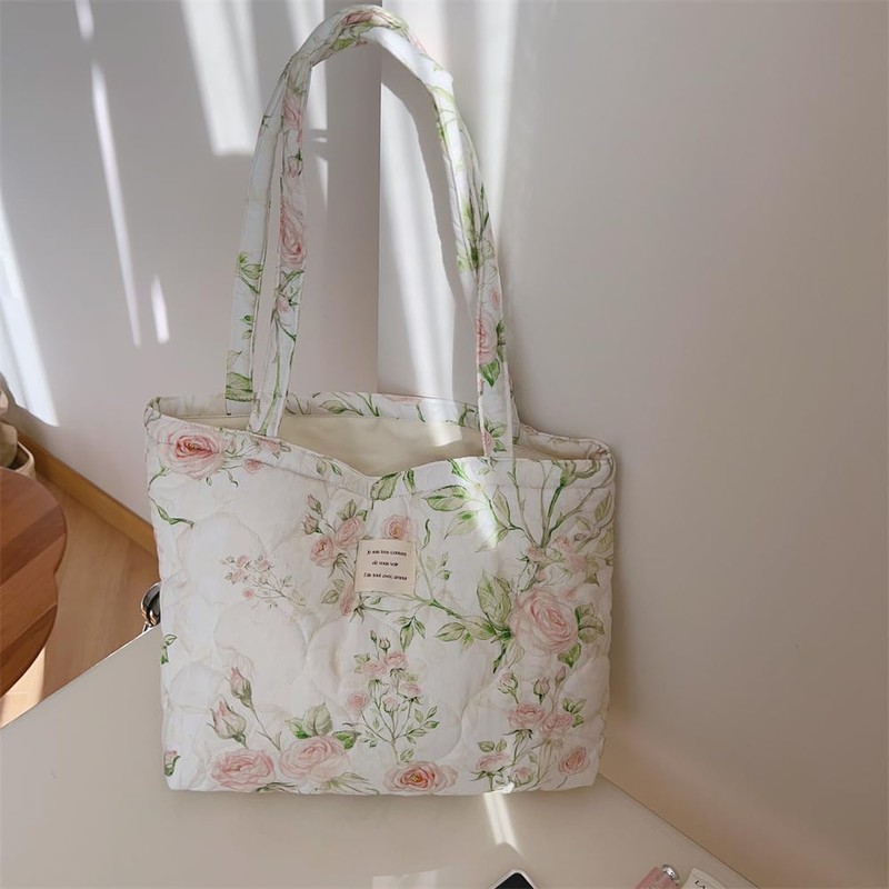 Floral Quilted Cotton Shoulder Bag for Women Medium Size Handbag