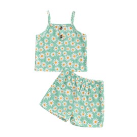 Loalirando Toddler Baby Girl Summer Tracksuit Sleeveless Daisy Print Spaghetti Strap Camisole Vest Elastic Waist Shorts 2Pcs Clothes for Little Girls (Green, 12-18 Months)
