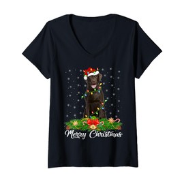 Womens Xmas Lighting Decor Santa Labrador Retriever Dog Christmas V-Neck T-Shirt