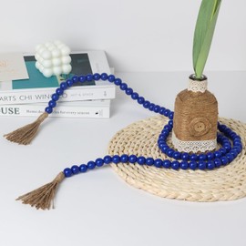 NEEDOMO Farmhouse Wood Beads Garland Decor, 58 Inch Wooden Beads for Boho Home Decor with Tassels, Rustic Country Decor for Table, Wall, Shelf, Tray, Vase, Living Room, Bedroom, Summer(Dark Blue)