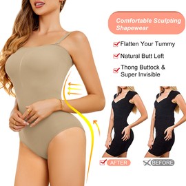 FXTYK Shapewear Bodysuit Body Shaper for Women Adjustable Detachable Shoulder Straps Tummy Control Thong Full Body Sculpting Bodysuit Perfect for Any Womens Clothes
