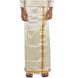 Stylesindia Art Silk Dhotis for Men with Gold Zari Border | Premium Double Layer Dhoti (1.28 x 3.6 Meters) with Angavastram / 8 Mulam Pattu Vesti for Men | Vesti Mundu Dhoti