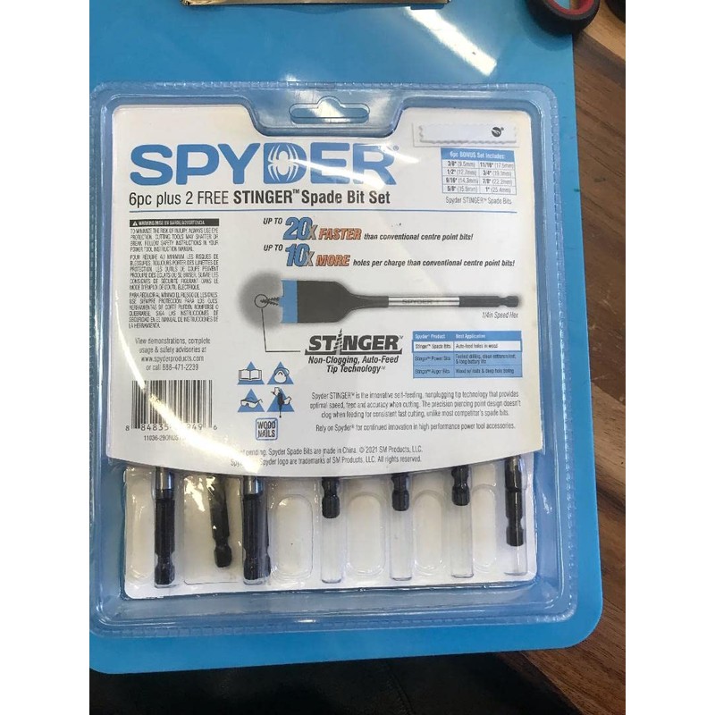 Spyder 8-Piece Assorted Stinger Woodboring Spade Drill Bit Set, Threaded