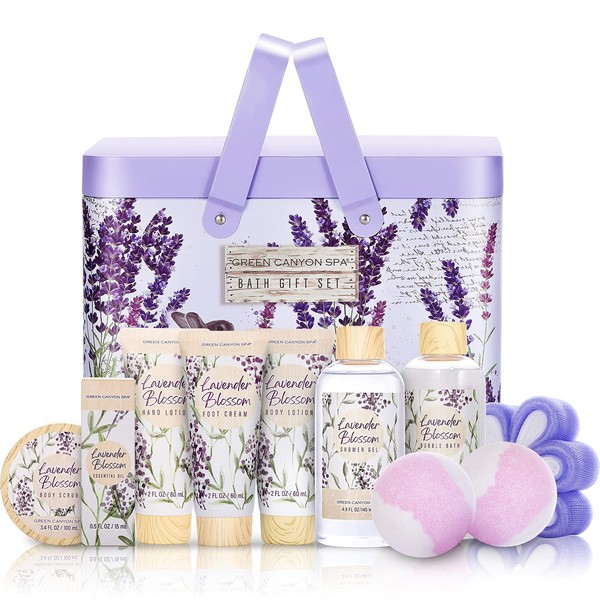 Relaxing Gift Baskets for Women, Lavender Birthday Spa Bath and Body Sets - 11 Pcs Green Canyon Spa Home Spa Kit with Bath Bombs, Body Lotion, Essential Oil, Shower Gel, Bubble Bath