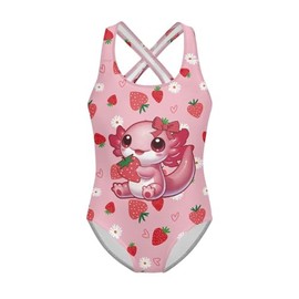 Psaytomey - Traje de baño de una pieza para niñas, de secado rápido, cuello redondo, con correa cruzada, para el hombro, traje de baño de 5 a 14 años, Fresa Axolotl, 9-10 Años
