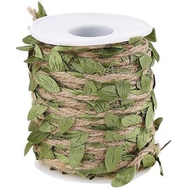 1PCS Natural Jute Twine, Creative Burlap Leaf Ribbon 5MM with Artificial Green Leaves, Perfect Braided Decorated Vine for Art & Crafting Home Packing Decoration and Any Party Decoration