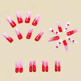 24Pcs Valentine's Day Press on Nail Long Coffin False Nails with Pink Heart Design Ballet Fake Nails Full Cover Glossy Glue on Nails Acrylic Nails for Women Nail Decoration