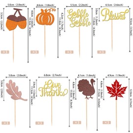 24 piezas de decoración para cupcakes de Acción de Gracias con purpurina, pavo, hojas de arce, calabaza, avellana, tema de otoño, para decoración de pasteles de Acción de Gracias, suministros de fiesta de cumpleaños