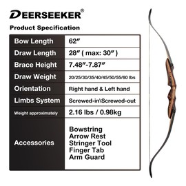 Deerseeker Archery 62" Takedown Recurve Bow Set for Adults & Youth with Right Hand & Left Handed Laminated Wooden Riser Bow Hunting Target Shooting 20-60lbs (LH 55lb)