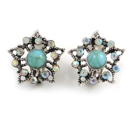 AB Crystal Turquoise Stone Floral Clip On Earring in Aged Silver Tone/Vintage Inspired - 23mm D