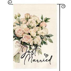 AVOIN colorlife Just Married Wedding Garden Flag 12x18 Inch Double Sided Outside, Floral Marriage Welcome Romantic Yard Outdoor Decoration