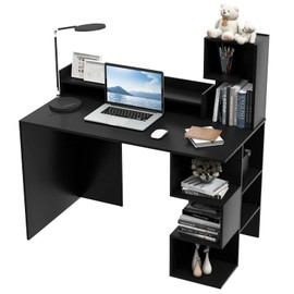 Tangkula Computer Desk with Storage Bookshelf & Hutch, 48” Modern Home Office Desk with 8 Storage Shelves, Space Saving Writing Study Desk for Bedroom, Compact Computer Workstation for Home (Black)