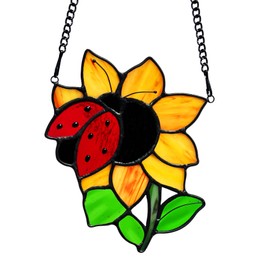 Lcensp Ladybug Sunflower Stained Glass Window Hangings Suncatcher, Tiffany Style Stained Glass Ladybug Sun Flower Ornament Decor Gifts for Women Mom, Wedding Birthday Christmas Celebration Gifts.
