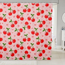 Feelyou Red Cherry Shower Curtain Girls Cherry Fruit Fabric Shower Curtains for Kids Boys Girls Yummy Food Bathroom Waterproof Accessories with 12 Hooks Botanical Leaves Curtains Pink,72x72 Inches
