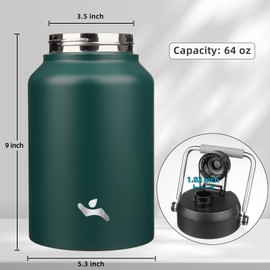 Konokyo Half Gallon Jug with Handle,64 oz Insulated Water Bottle with Carrying Pouch,Double Wall Vacuum Stainless Steel Metal Bottle,Dark Green