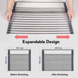 Dolreiik Roll Up Dish Drying Rack Over The Sink, 304 Stainless Stee Dish Drainer, Foldable & Adjustable Sink Drying Rack for Kitchen Sink Counter with Utensil Holder (Black, Expandable)