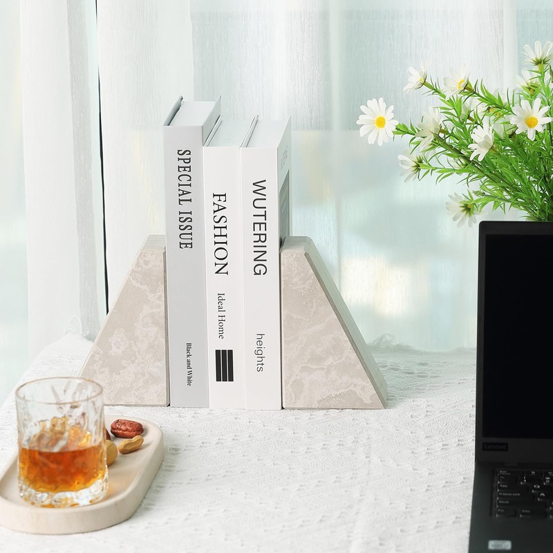 Marble Bookends for Heavy Books, Decorative Book Ends for Shelves,