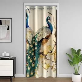 Castle Fairy Vintage Peacock Door Curtain for Doorways Privacy Japanese Style Doorway Curtain Wild Birds Animal All Season Blackout Curtain Golden Bamboo Leaves Door Drape, 60"" W X 80"" L
